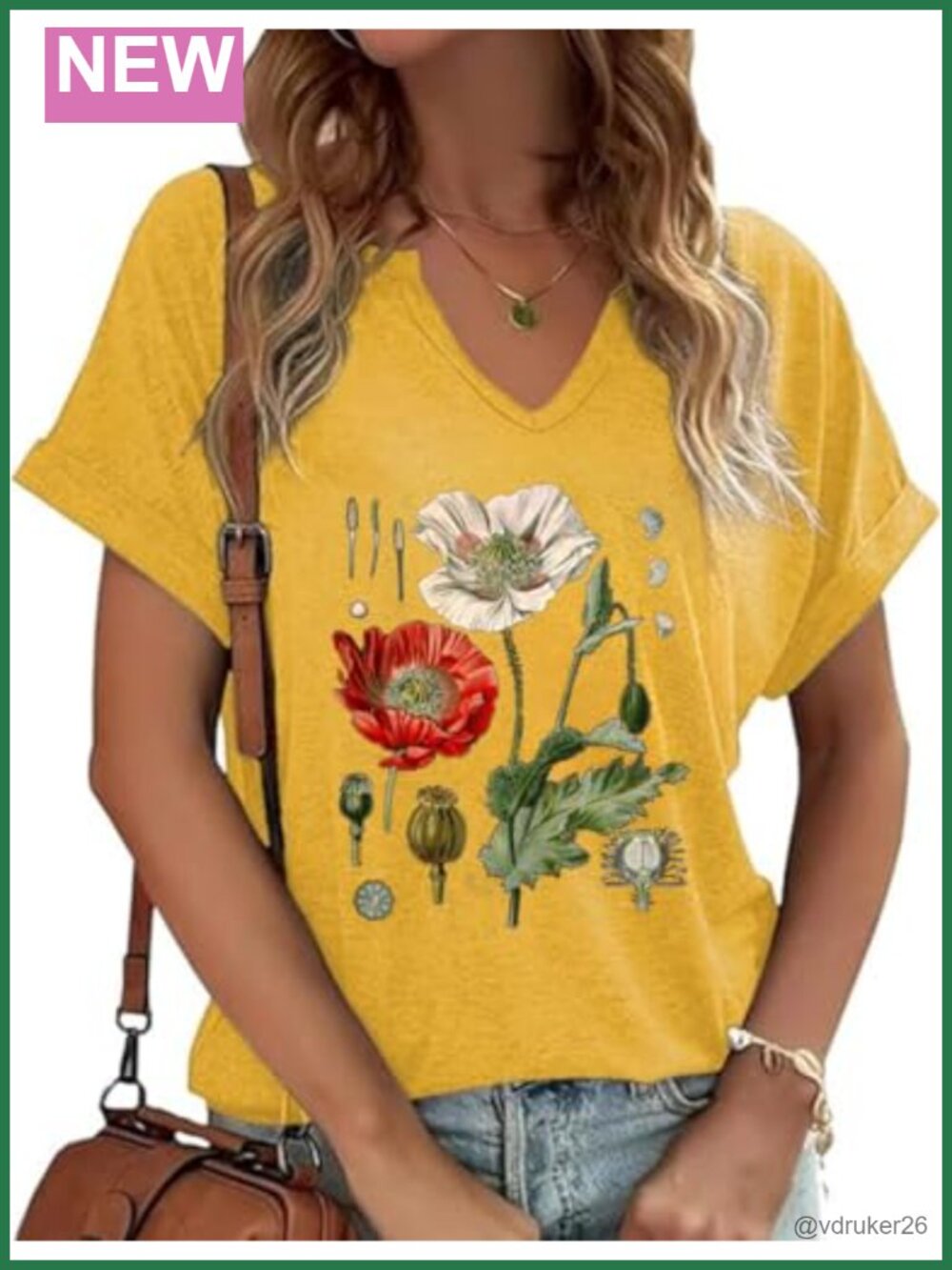 Womens V Neck Floral Graphic Tee Boho Wildflowers Cotton Blend T Shirt
